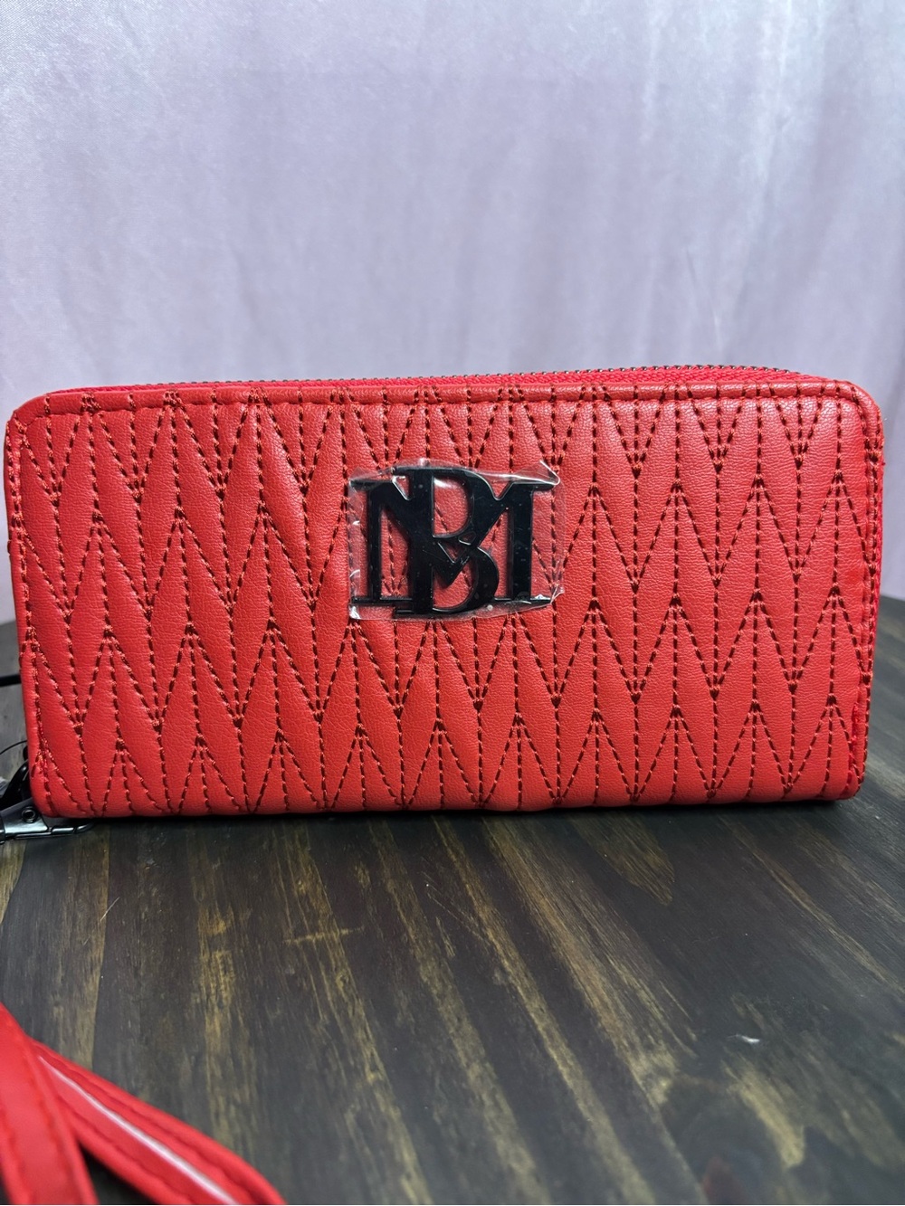 Badgley Mischka Red Quilted Zip Wristlet Wallet with BM Logo